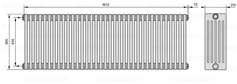 Схема (чертеж) Радиатор Zehnder Charleston 6090/35 №1270 Белый глянцевый RAL 9016